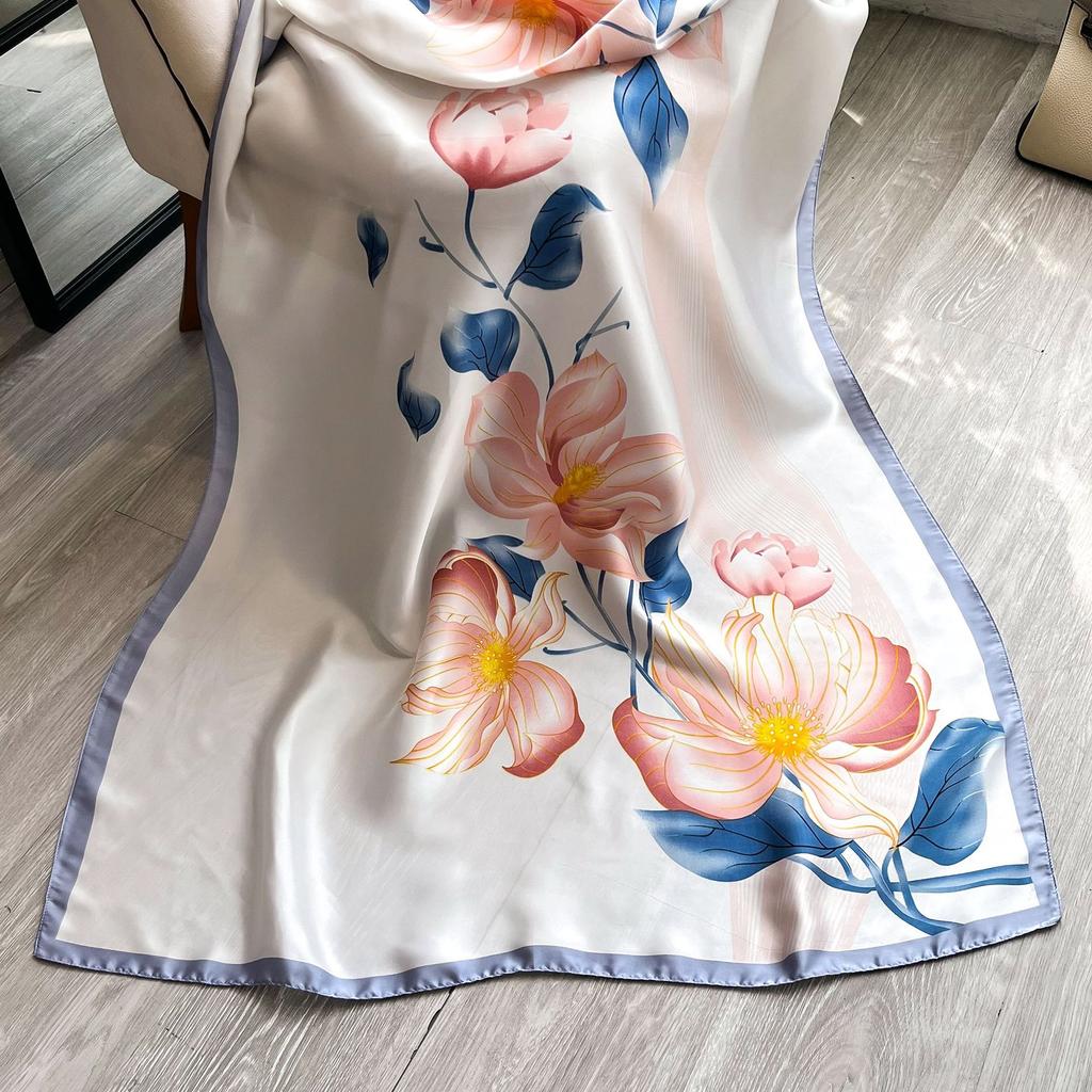 Шелковый шарф для весны и лета, женский элегантный длинный платок с листьями лотоса, дорожный солнцезащитный шарф