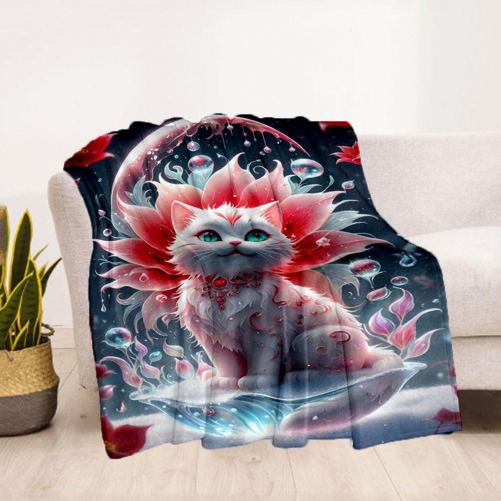 "Enchanted Floral Fantasy Cat Art Print"Blanket Flannel Throw Blanket for Sofa, Bed, Travel, Camping, Office, Couch, Chair, And Bed Gift for