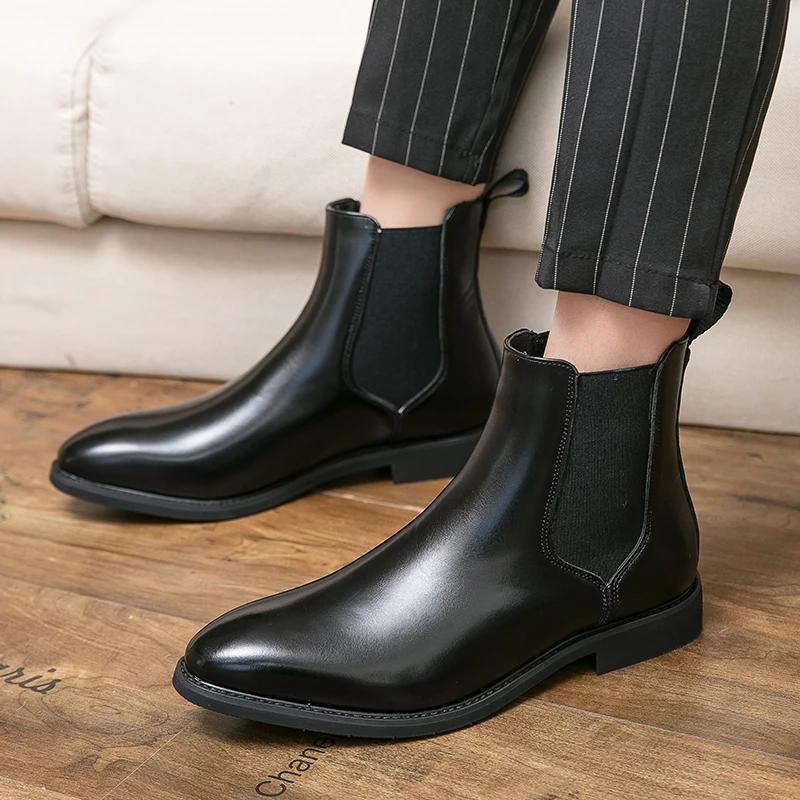 2024 New Chelsea Boots Men Shoes PU Brown Fashion Versatile Business Casual British Style Street Party Wear Classic Ankle Boots