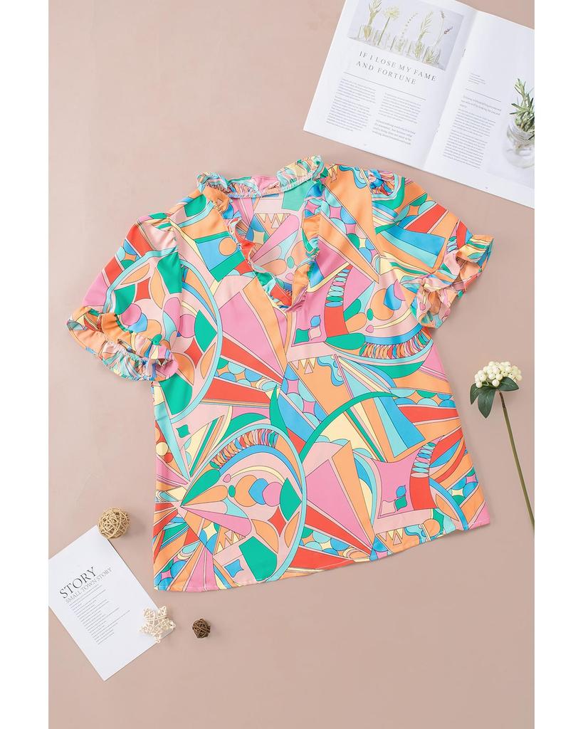 Azura Exchange Блузка с V-образным вырезом и оборками в виде абстрактной геометрии