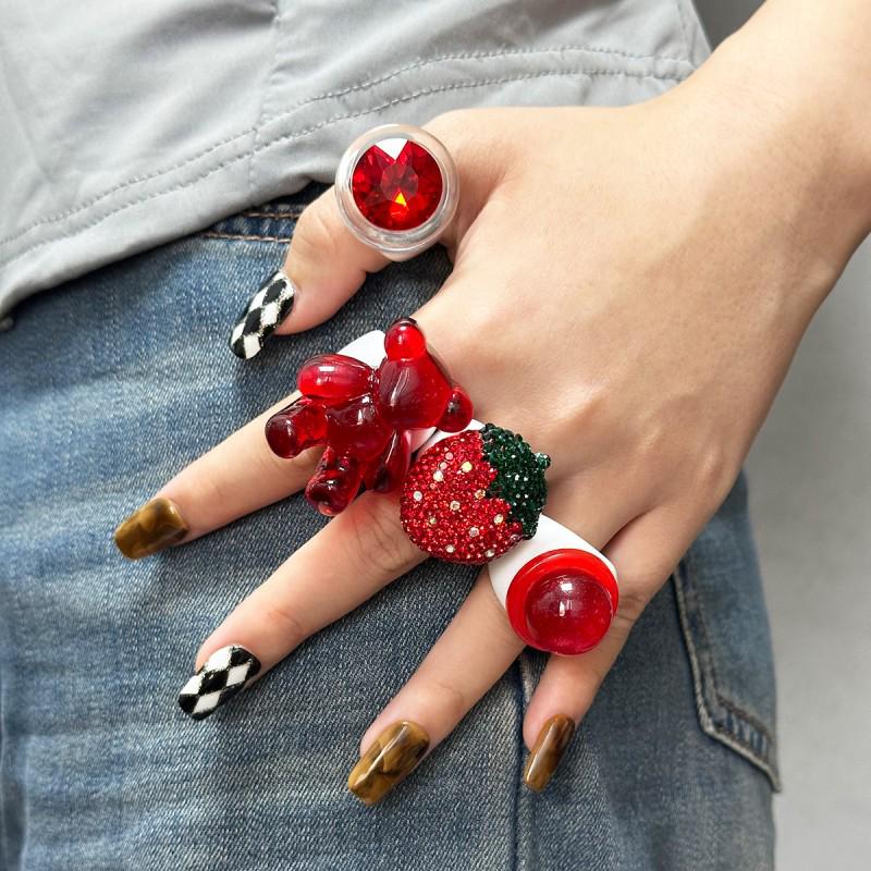 Кольцо с бриллиантами в форме сердца и медведя - Милые клубничные украшения Рождественский подарок