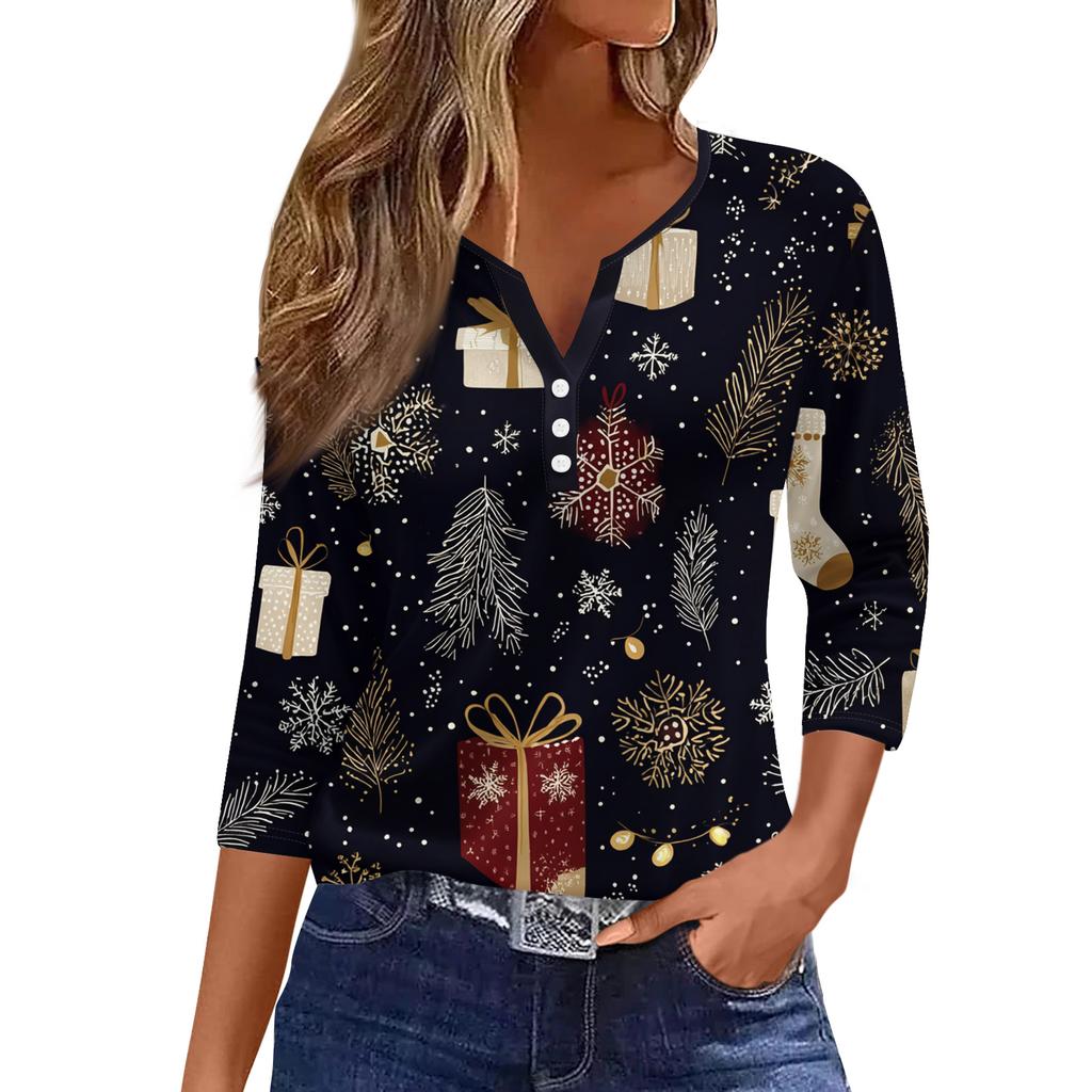 Женская модная повседневная футболка с принтом рождественской елки, V-образным вырезом, декоративными пуговицами и рукавом три четверти