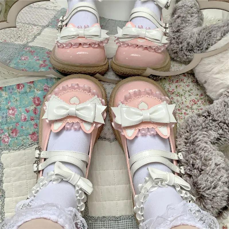 Fashion Comemore Kawaii Girls Lolita Shoes Fashion Japanese Style PU Leather Mary Janes Bowknot Lovely Heart Buckle Solid Loafers Shoes
