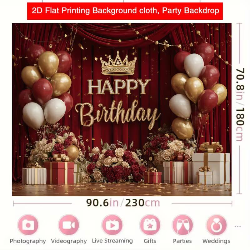 2D Burgundy Gold Happy Birthday Banner, Luxury Crown Party Decor Backdrop