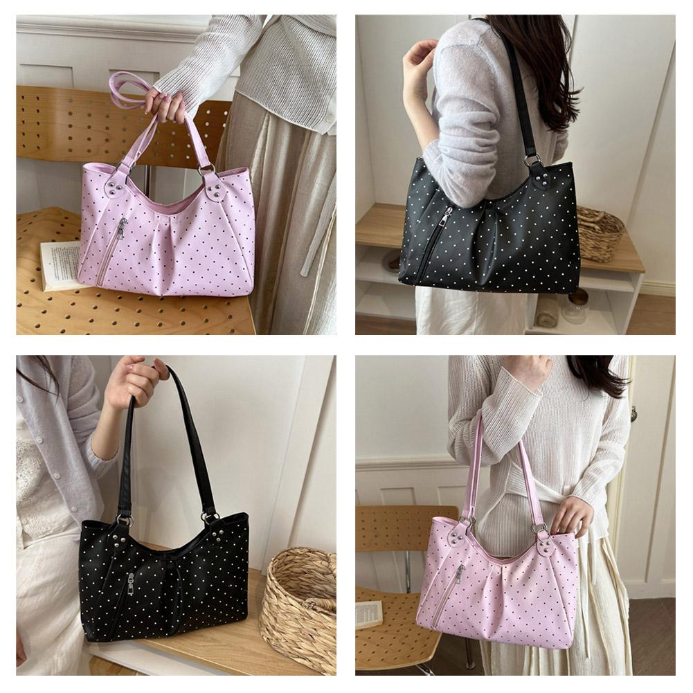 Women Shoulder Bag Vintage Polka Dot Commuter Tote Bag Large Capacity PU Leather Handbag Underarm For School Office Daily Use