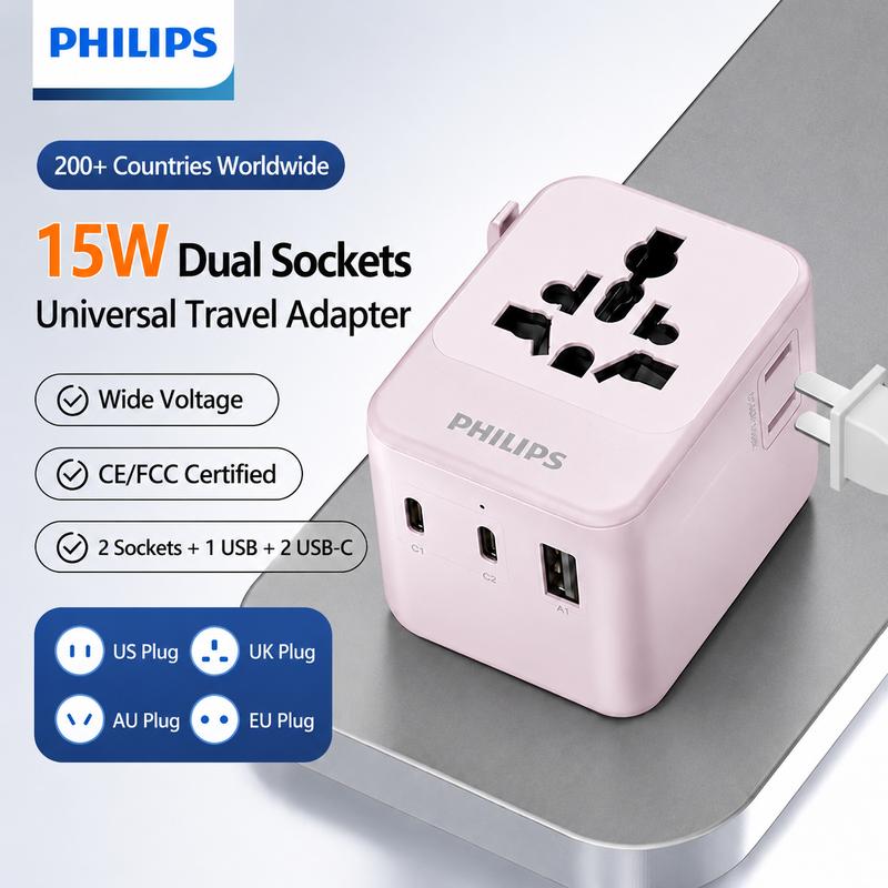 Philips Универсальный travel-адаптер с боковой розеткой 15 Вт, 2 розетки + 2 USB-C + 1 USB-A - Улучшенная версия модели 1005