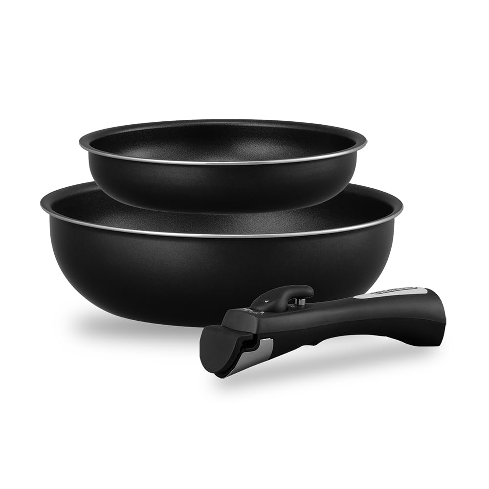 Iris Ohyama Pot and Frying Pan Set with Removable Compatible with IH Gas Diamond Coated Oven Easy To and Easy To Clean Handles, 3-Piece Set, & Fires,