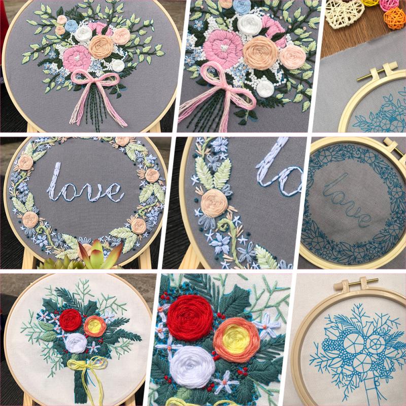 Набор для вышивания 3 шт. Хлопок и лен, цветочная вышивка, набор материалов для DIY, бамбуковые пяльцы для вышивания 20 см