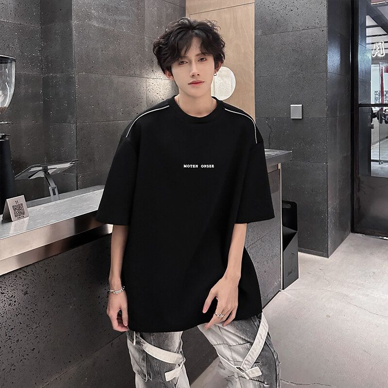 Мужская черная футболка Streetwear Стиль Короткий рукав Принт с буквами Повседневная Свободный крой Верх