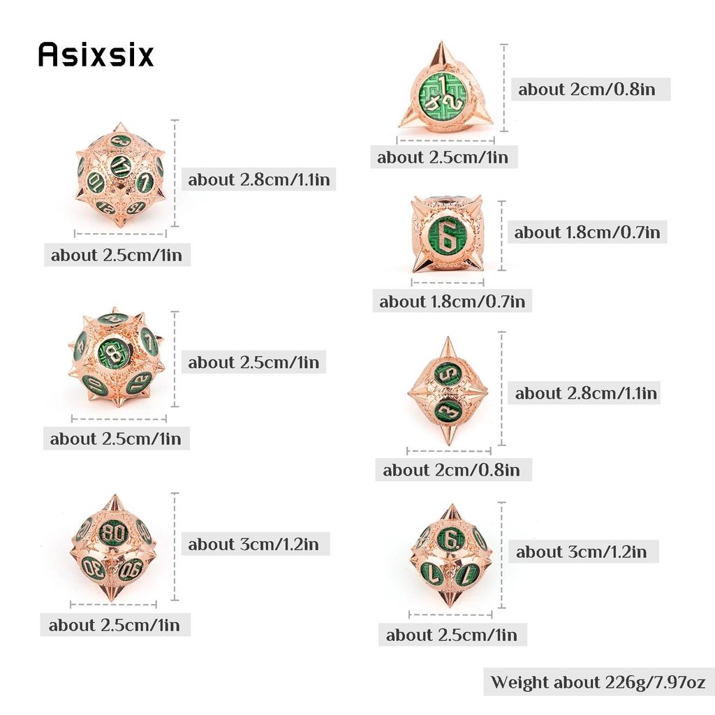 7 Pcs Copper Green Meteor Hammer Metal Dice Solid Metal Polyhedral Dice Set Suitable for Role-Playing RPG Board Game Card Game