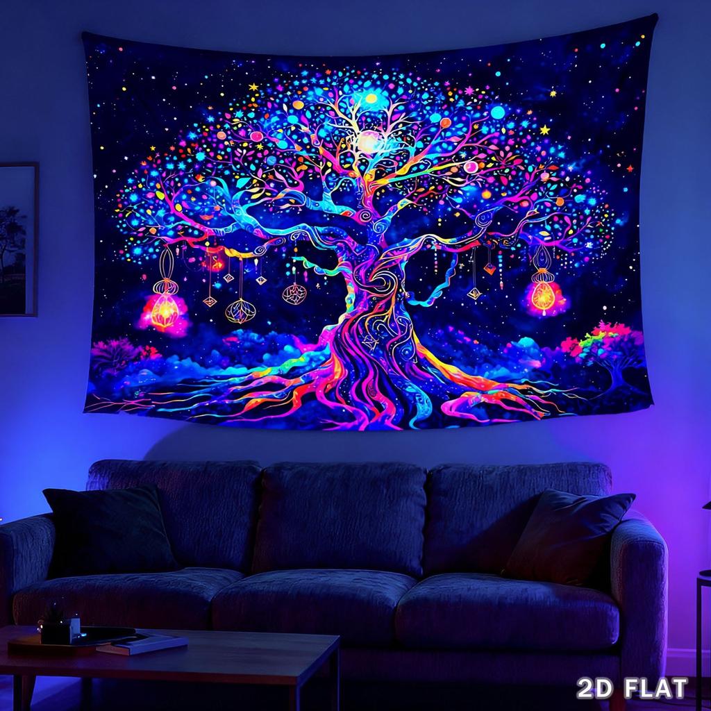 2D Flat UV Neon Tree Backdrop Banner - Glowing Ornaments & Starry Sky Anime Wall Tapestry, Polyester Photo Background for Bedroom (Free Installation)