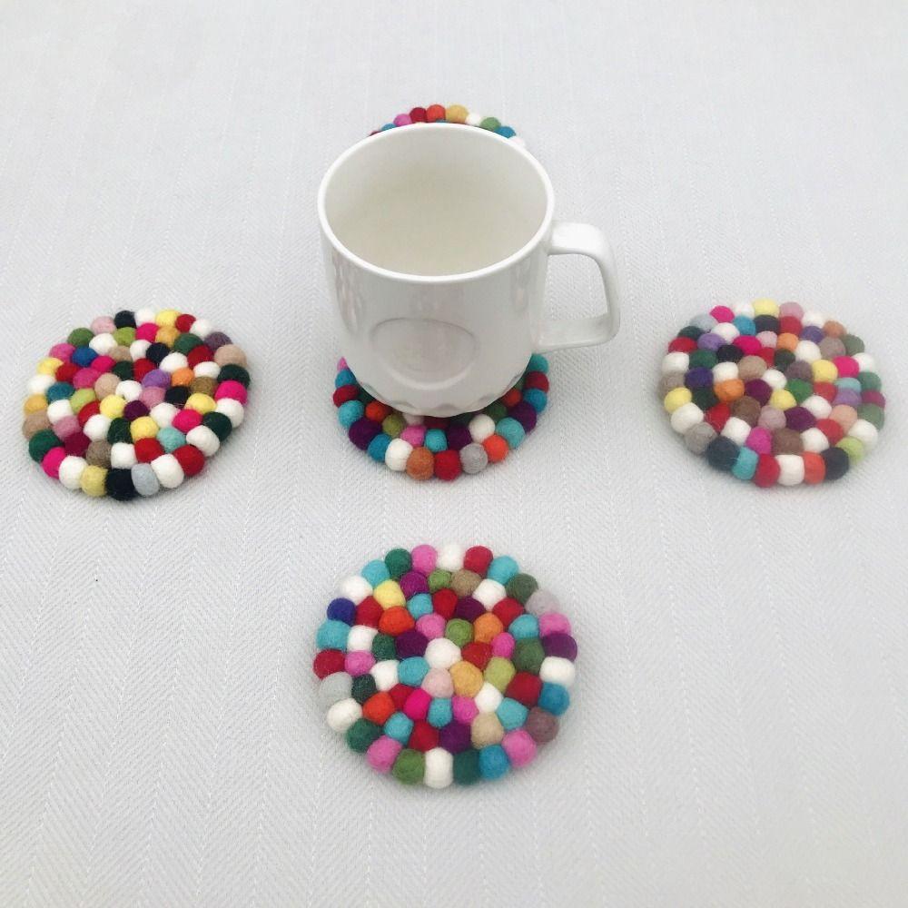 5 Pcs Wool Felt Round Felt Ball Coasters Colorful Handmade Wool Felt Small Cup Mat Table