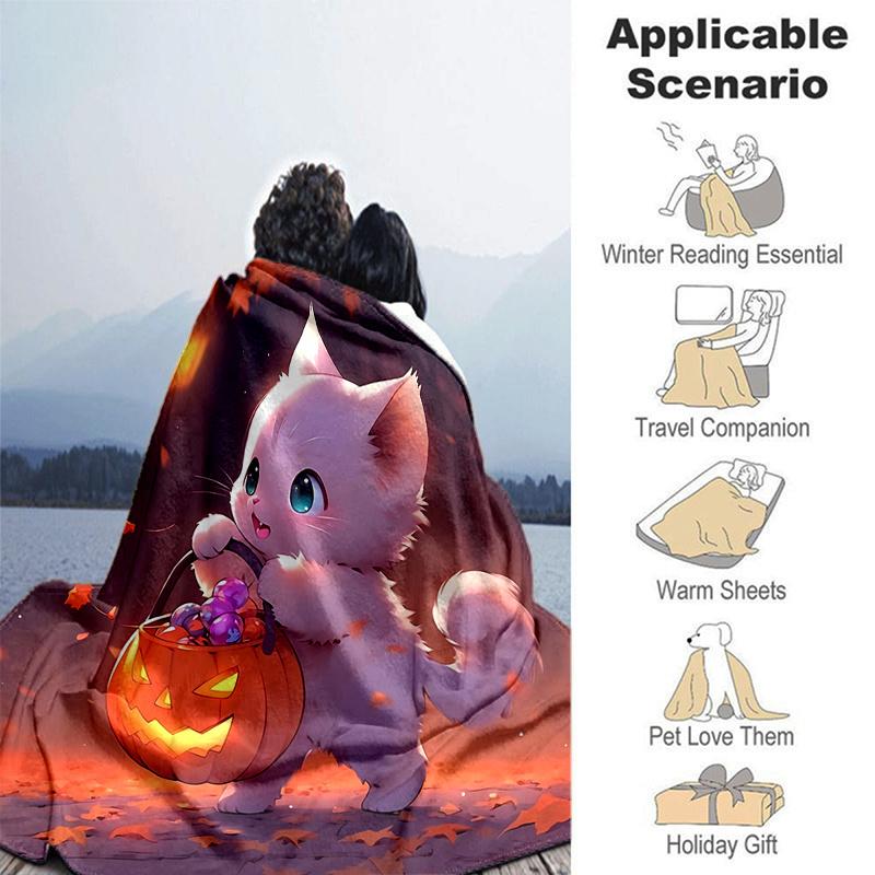 1pc White Cat Holding Pumpkin Lantern Blanket Cartoon Throw for Room Decor, Gift Idea, Living Room, Travel, Camping, Car Blankets