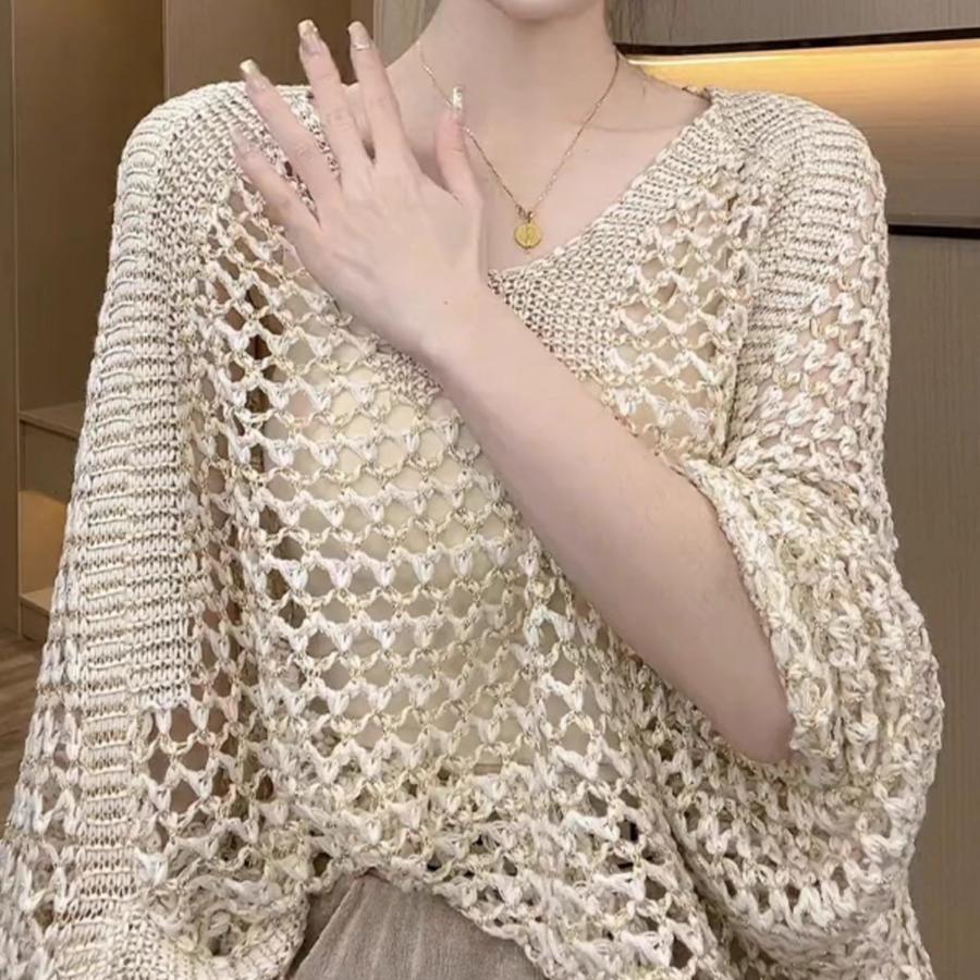 Летняя Новая Ажурная Вязаная Рубашка с V-образным вырезом, Защита от Солнца, Женская Свободная Повседневная, Подростковая, Тонкий Комплект, Топ
