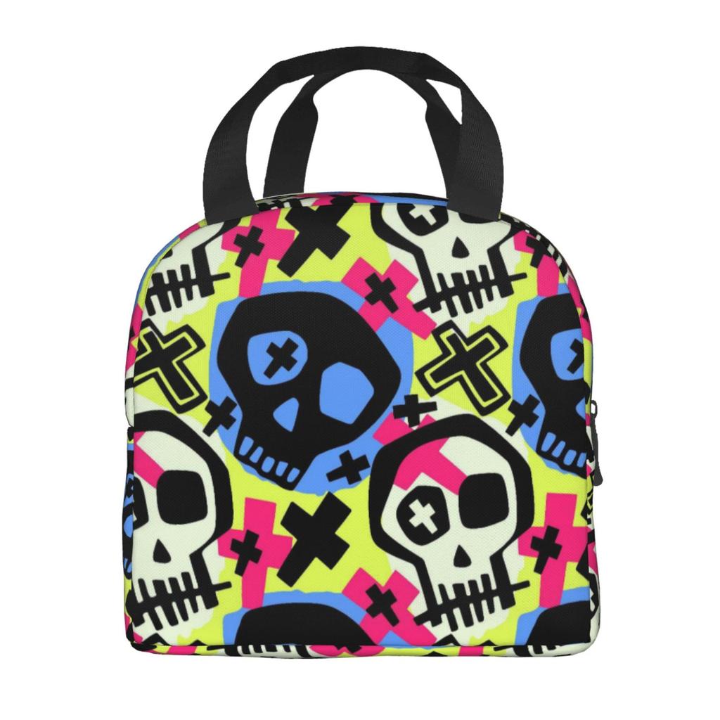 Skull Pattern Print Lunch Bag Waterproof Insulated Canvas Cooler Bag Thermal Cold Food Picnic Travel Tote for Women Children