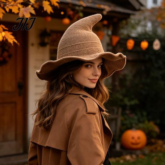 Witch Hat for Halloween Women Pointed Hat, Foldable Wide Brim Knitted Cap, Masquerade Party Prop Cosplay Autumn Winter, Themed Costume Accessory