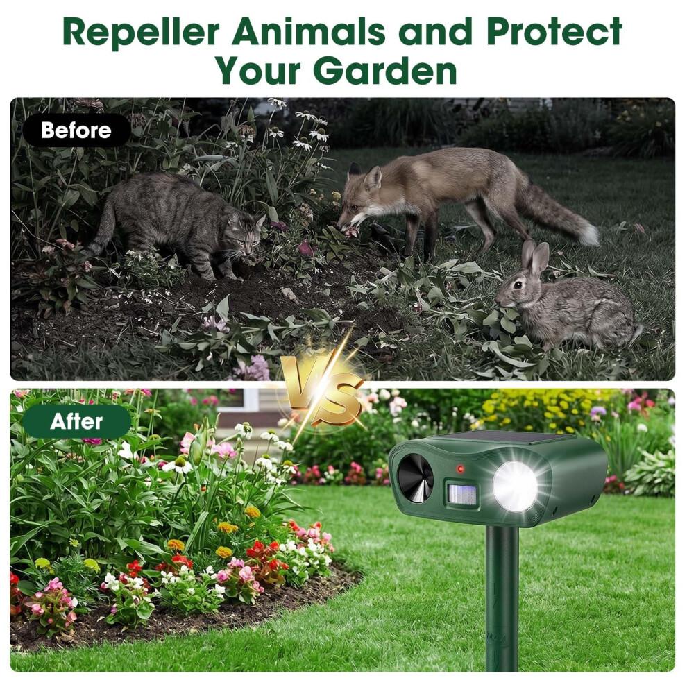 Solar Ultrasonic Animal Repellent Outdoor, Waterproof Cat Repellent for Gardens UK with Motion Sensor & Flash Light, USB Charging, Keep Cat Dog Fox S