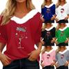 Женская футболка с рождественским принтом, флисовый воротник с рукавом три четверти и V-образным вырезом на рождественской вечеринке