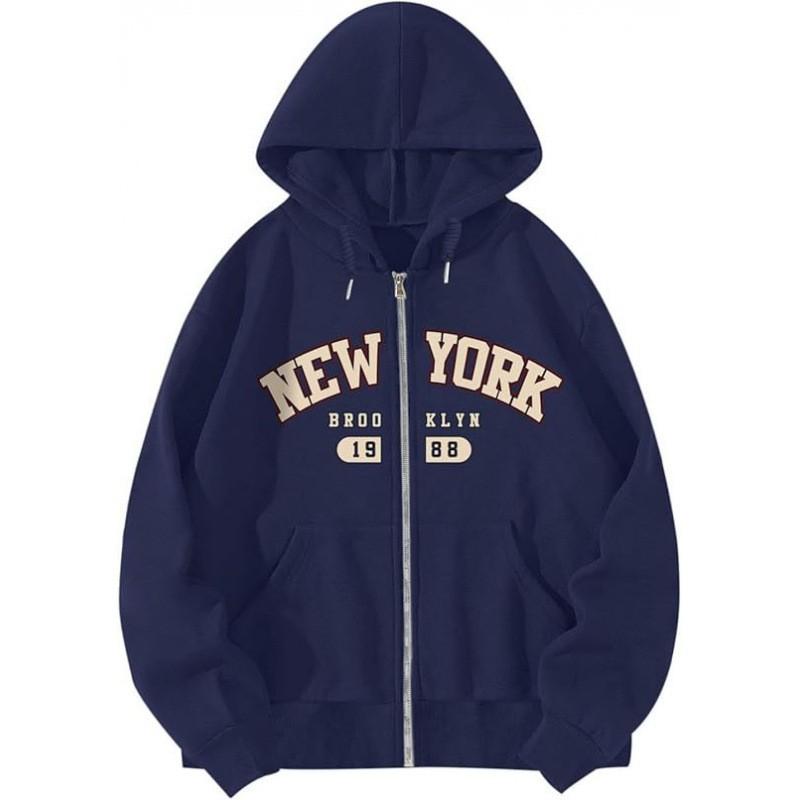 Womens Letter Print Hooded Sweatshirt Fleece Lined Zip Up Casual Sports Long Sleeve Outerwear
