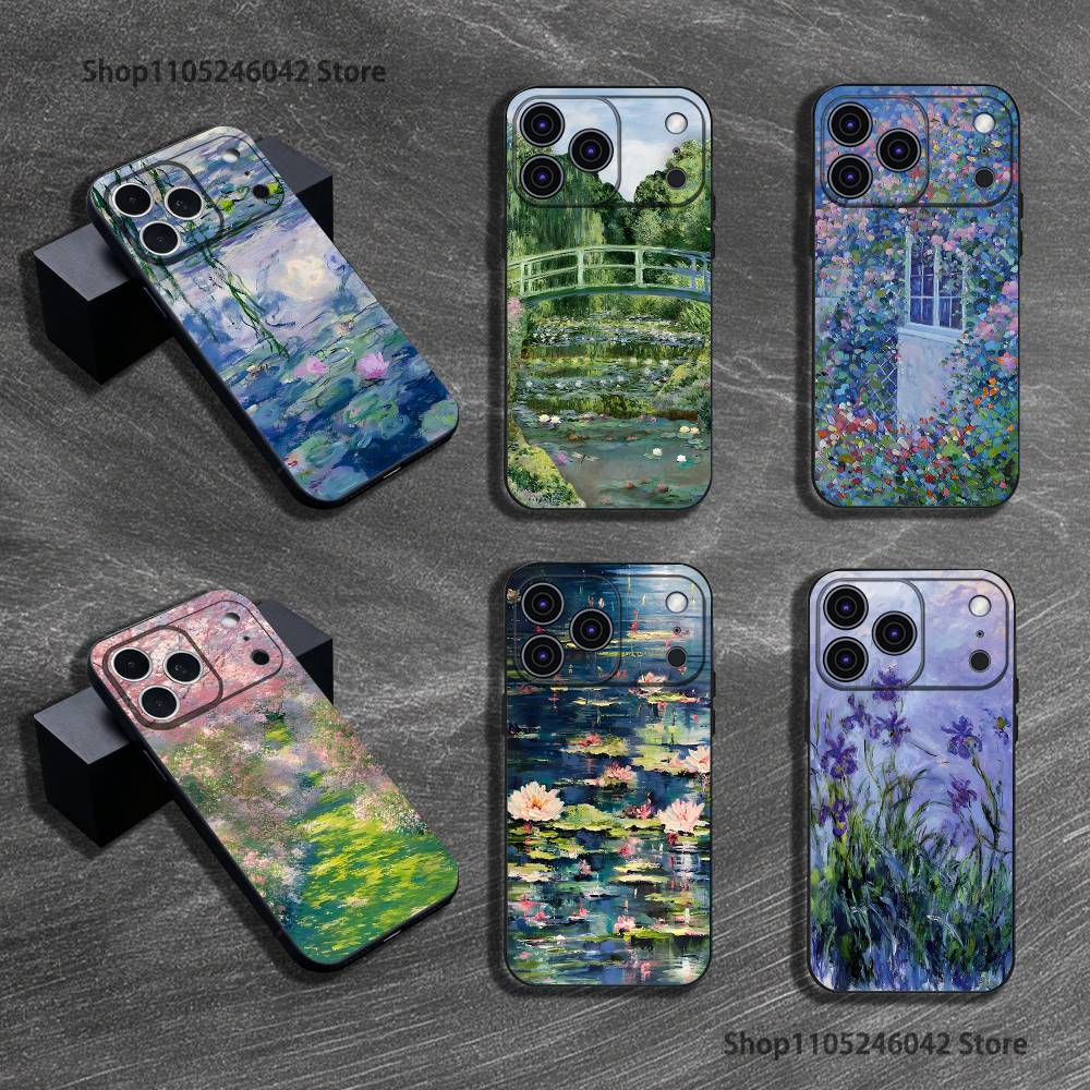 Чехол для телефона 'Сад Клода Моне' для iPhone 17,16,15,14,13,12,11,Pro,Max,Plus Черный Мягкий Чехол
