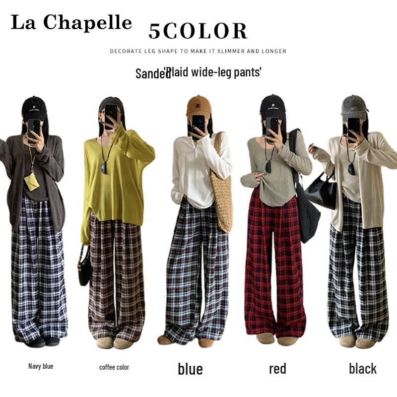 La Chapelle Women's High-Waisted Plaid Wide-Leg Pants