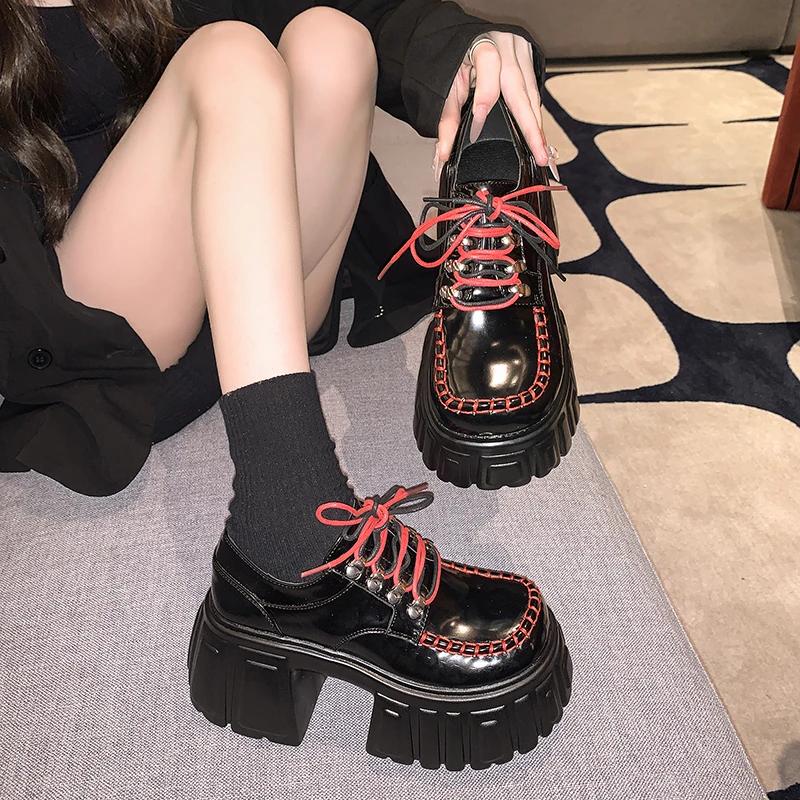 Мода Весна Лето Обувь British Walker Женская Лакированная Кожа Обувь на Платформе Высокая Платформа Массивный Каблук Туфли-Лодочки 9 см zapatos de mujer