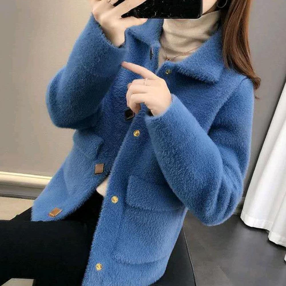 Большой размер имитация норки бархат весна и осень новый пуговичный жакет короткий женский свободный свитер женский вязаный кардиган