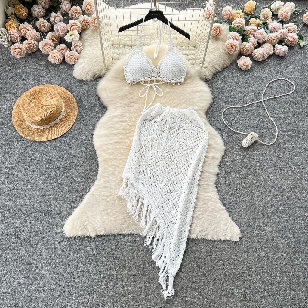 Summer Vacation Sexy Suits Strapless Halter Backless Bikini Set Drawstring Tassel Skirt Women Beach Knitted Fashion Two Pieces Suits