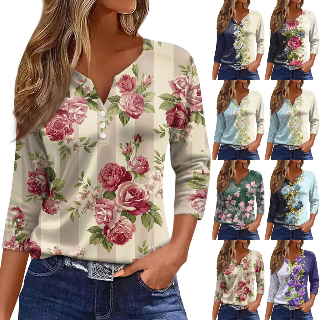 Women's T Shirt Tee Print Button 3/4 Sleeve Daily Weekend Fashion Basic V Neck Regular Top