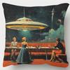 1pc Double-Sided Retro Era Ufo Restaurant Scene Pillowcase | Retro Sci-Fi Art Print, Soft Polyester, Zipper Closure, Suitable For Sofa, Living Room, B