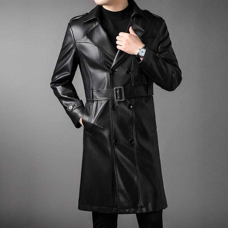 Мужская кожаная куртка Осенне-зимние куртки Мужская одежда Длинные теплые плюшевые пальто Повседневная мода Ветровка Тренч