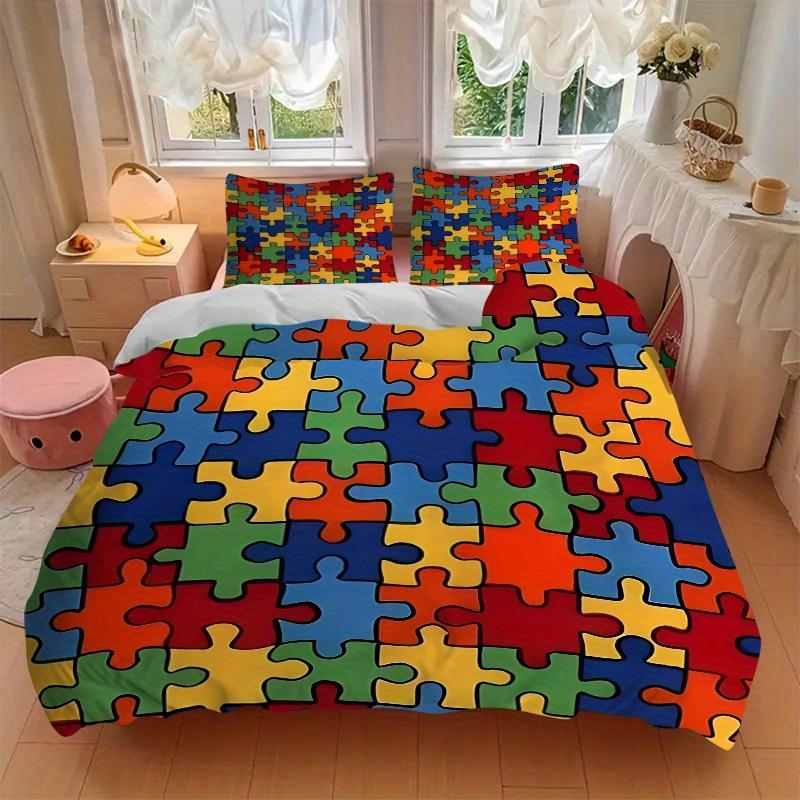 3pcs Puzzle Pieces Bedding Set, Suitable for Bedroom Decoration, (Includes 1 Duvet Cover And 2 Pillowcases, Quilt Not Included) yy250822189