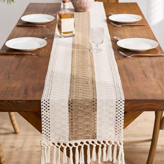 Yousheng Table Runner Color Block Long Strip Design Tassel Element Table Flag Easy To Clean Dining Table Decor Accessory