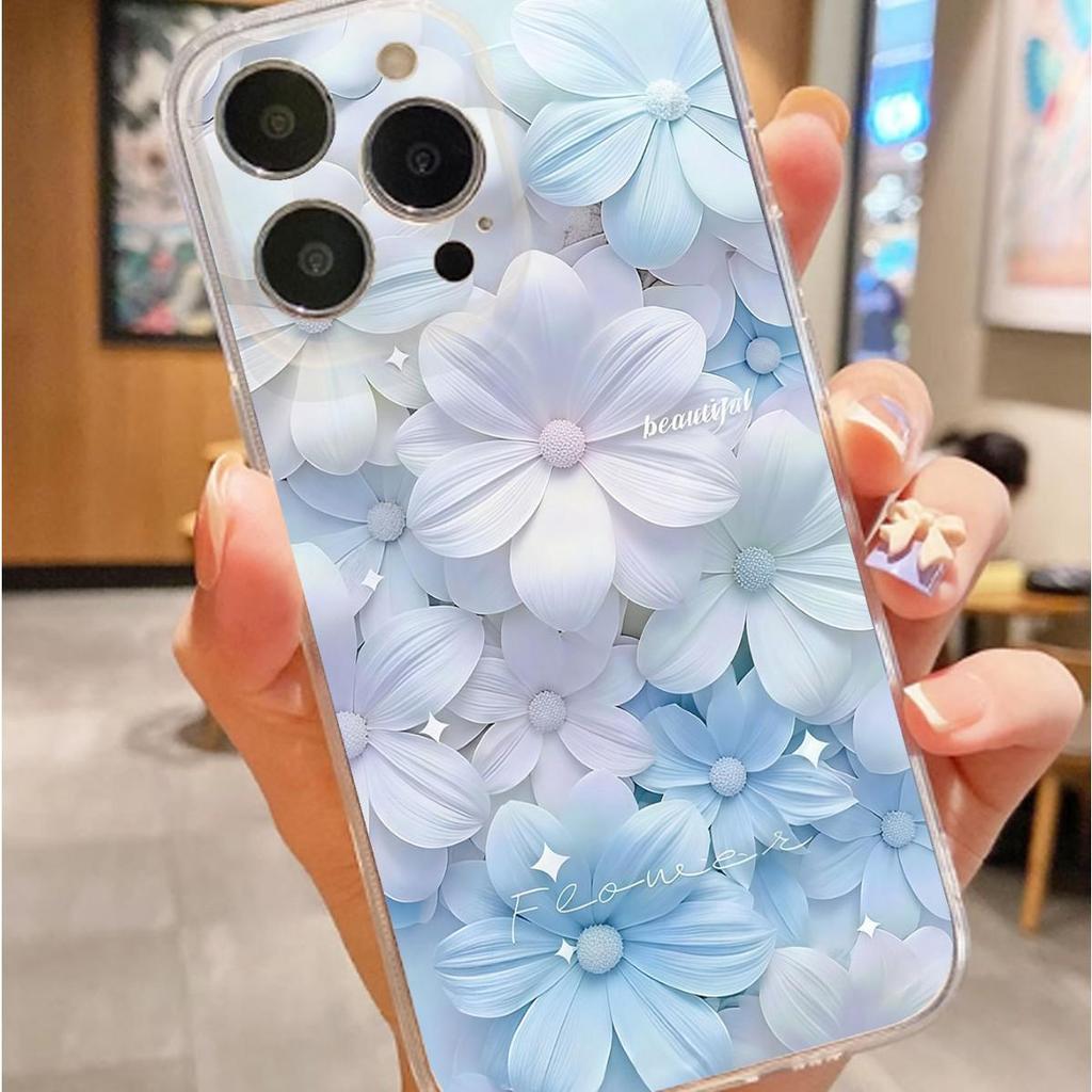 Прозрачный чехол с синим мелким цветком, защита от падения, для iPhone 14/15/16/17 Pro Max