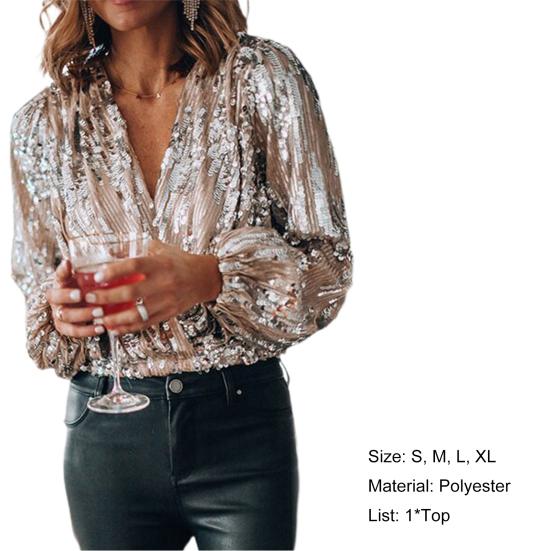 Весенняя блузка с V-образным вырезом и рукавами-фонариками, полиэстер, женская, для