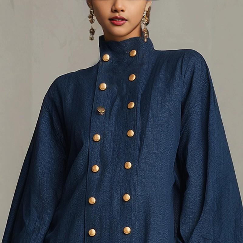 Elegant High-Neck Double-Breasted Button Lantern Sleeve Dress With Lace Trim Irregular Hem Street Style