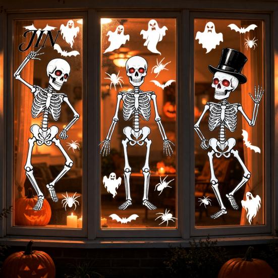 Rent-friendly Glass Decal 3Pcs Halloween Skeleton Stickers, Waterproof PVC Window Clings, Static Decals, Stress-free Removable Stickers for