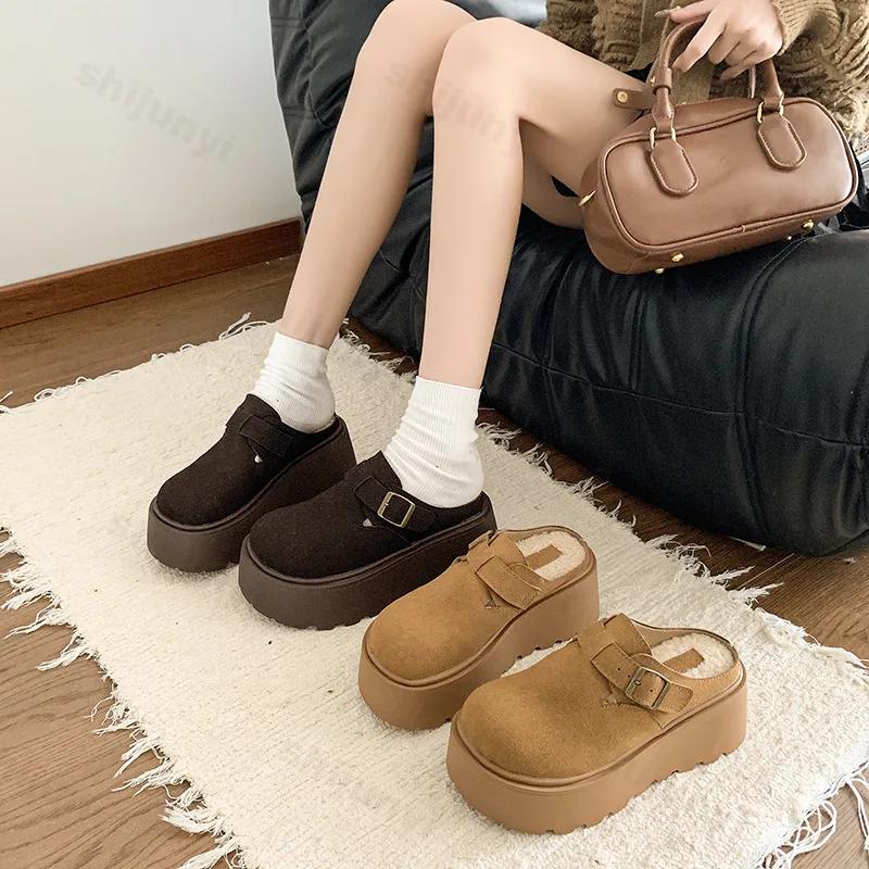 Fashion Winter Platform Slippers Women 2025 New Warm Fur Mules Slippers Fashion Slip On Slides Comfort Casual Home Female Cotton Shoes