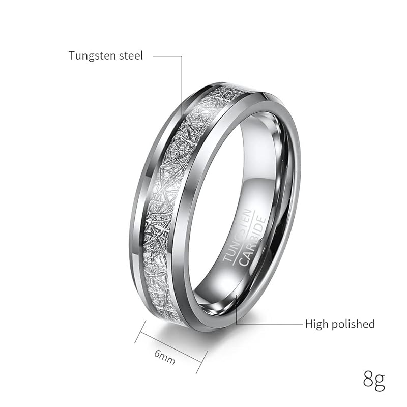Oakky 6mm unisex Tungsten Steel Inner Arc Chamfered Edge Carbon Fiber Meteorite Inlaid Wedding ring statement promise comfort fit silver size 21