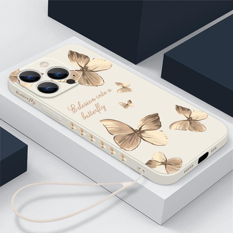 Мягкий чехол с рисунком бабочки для iPhone 16 15 Pro Max 14 13 Xiaomi 13T Poco X7 X6 Redmi Note 14 13 12, противоударный чехол с ручной веревкой