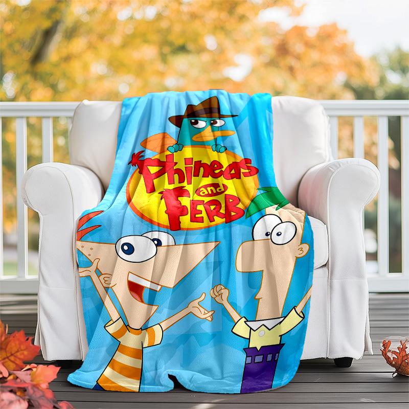 1pc Phineas and Ferb5 Theme Blanket - Digital Print, Polyester, Cozy for All Seasons, Perfect for Outdoor, and Travel