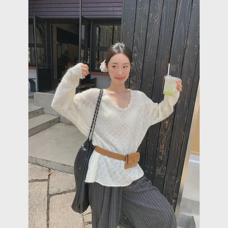 NEWOPEN 2024 Зимний женский свободный свитер-пуловер с V-образным вырезом в корейском стиле для поездок на работу, F2335
