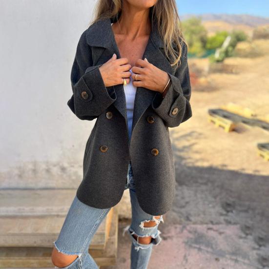 Women Winter Overcoat Turn-down Collar Solid Color Double-sided Woolen Double-breasted Loose Fit Coat Thermal Long Sleeved Commuting Dating Coat