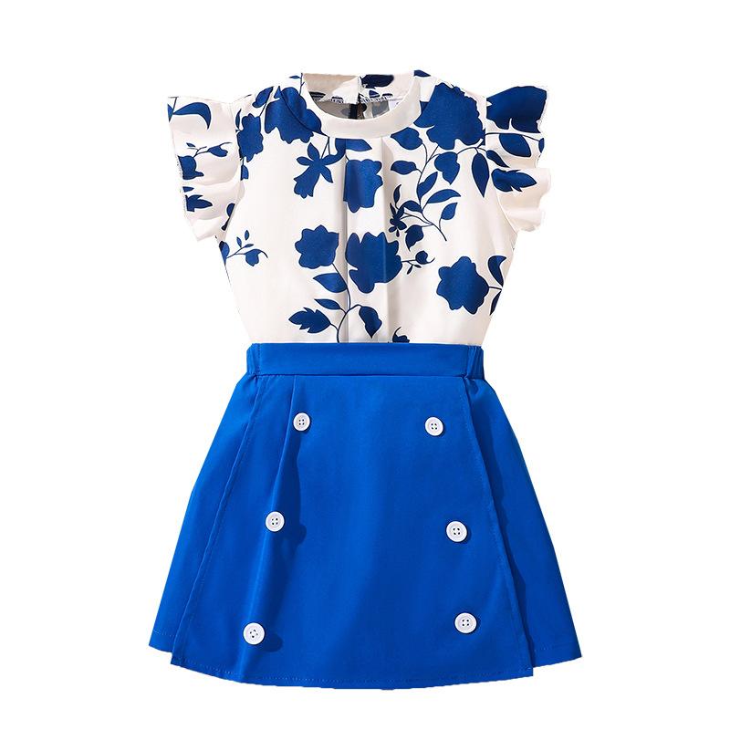 Повседневный костюм для девочек, летний детский топ с короткими рукавами и принтом, модные брюки-кюлоты, костюм из двух частей