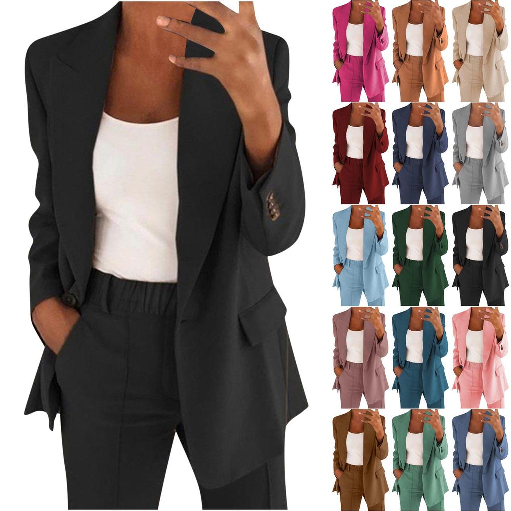 Women's Casual Long Sleeve Solid Color Lapel Cardigan Suit Jacket Pants Suit