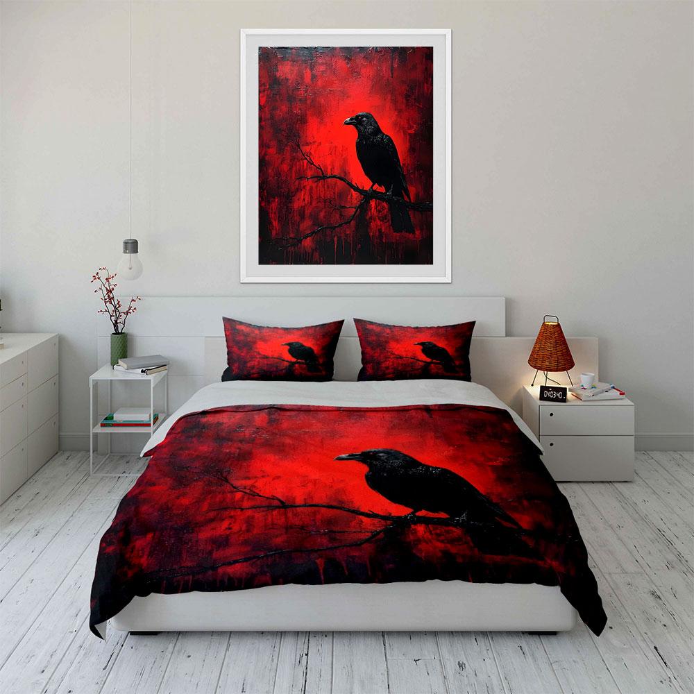 Black raven on branch red backdrop Pattern Duvet Cover Set Digital Print Colorful Polyester Bedding with Zipper Closur for gifts