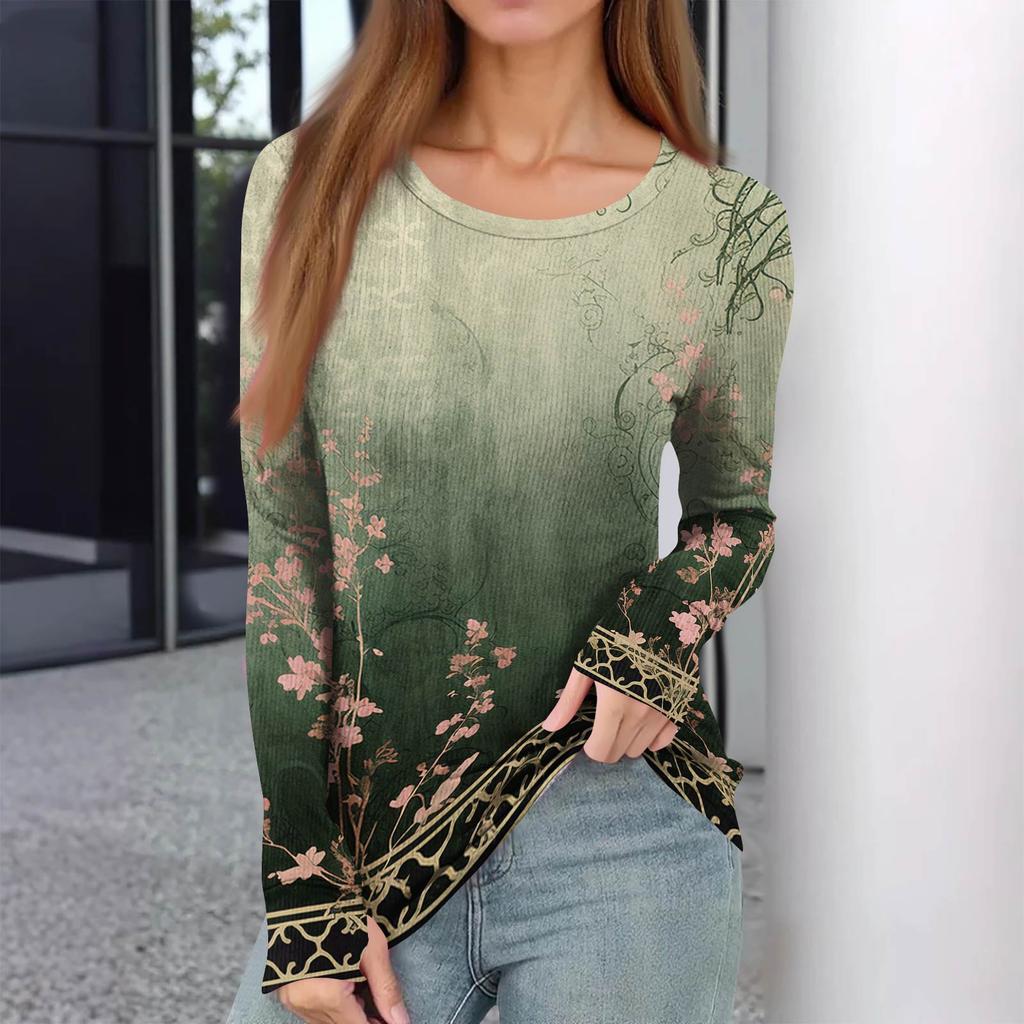 Women's And Winter Slim Bottom T-shirt Fashion Casual Gradient Printing Round Neck Pullover Long Sleeve Top
