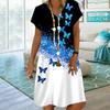 Summer Fashion V-neck Dress Ladies Short Sleeve Blue Flowing Sand Butterfly Printed Dress Loose Casual Dress for Women