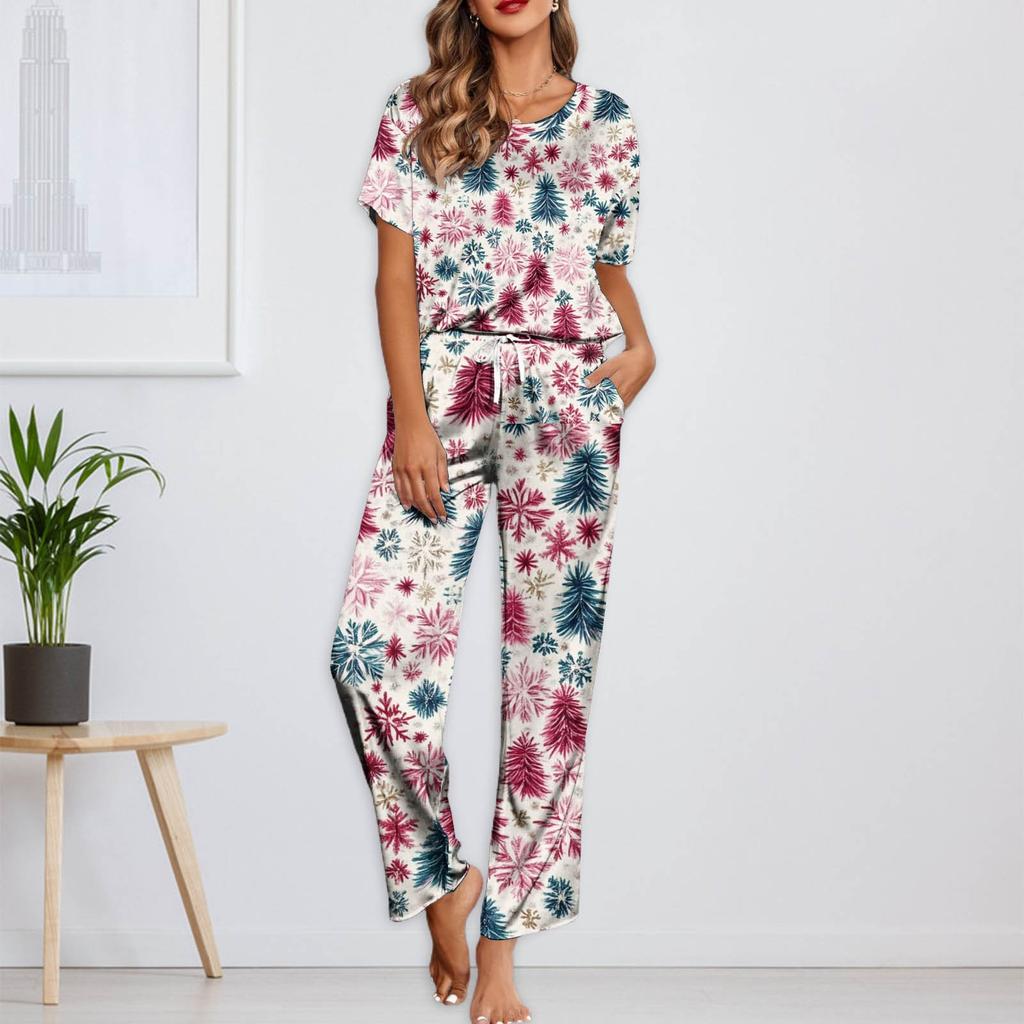 Женский шелковый атласный пижамный комплект с рождественским принтом, рубашка с коротким рукавом и длинные пижамные штаны, мягкая домашняя одежда