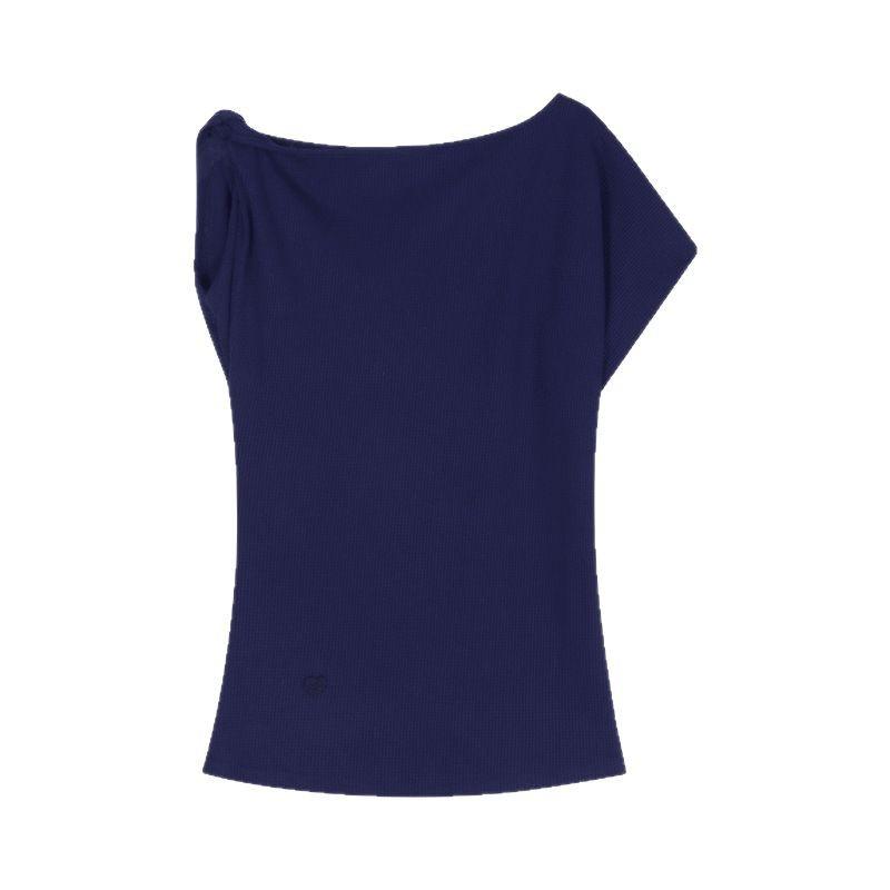 Вафельная футболка с открытыми плечами, с короткими рукавами, облегающая, женская, летняя, повседневная, с утонченным темпераментом, нерегулярный универсальный топ